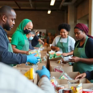 Volunteers at a food bank in Atlanta assisting families.