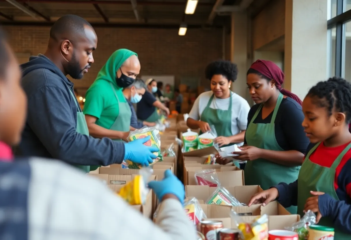 Volunteers at a food bank in Atlanta assisting families.