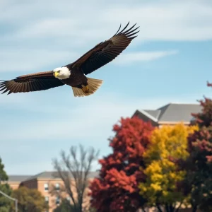 Bald eagle flying over Georgia Southern University campus