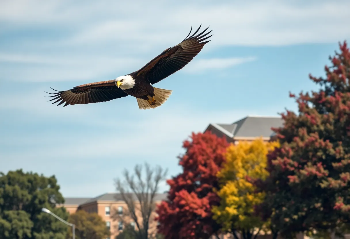 Bald eagle flying over Georgia Southern University campus