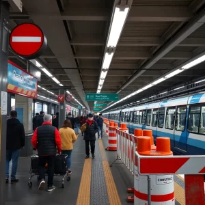 Construction work at Garnett Station with safety barriers and signs.