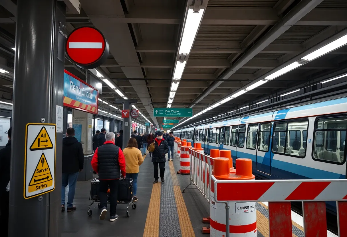 Construction work at Garnett Station with safety barriers and signs.