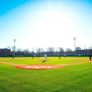 Georgia College baseball players practicing on the field