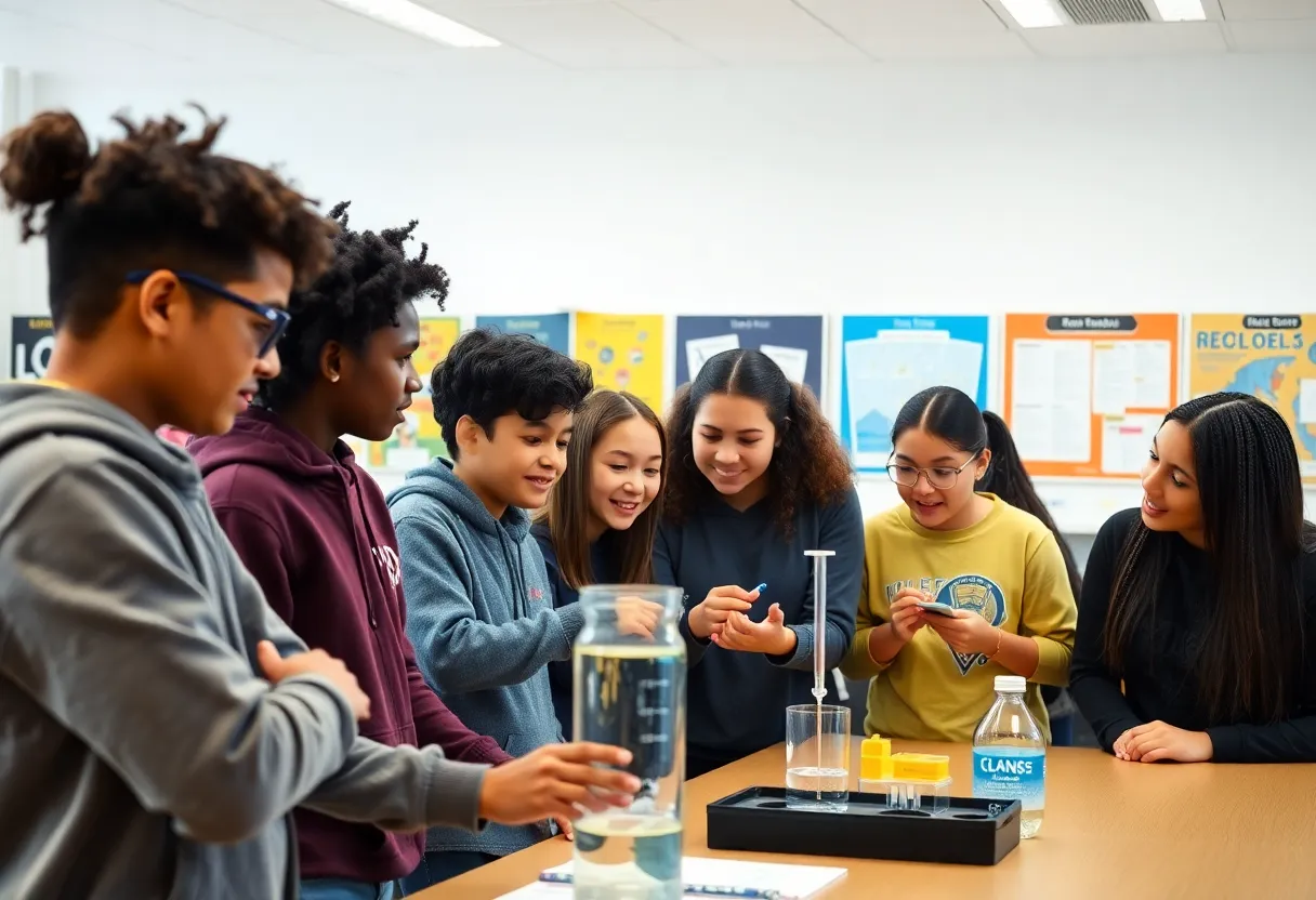 Students conducting a science experiment at a high school in Georgia