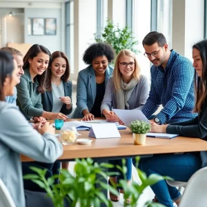 Individuals collaborating in a workplace promoting recovery.