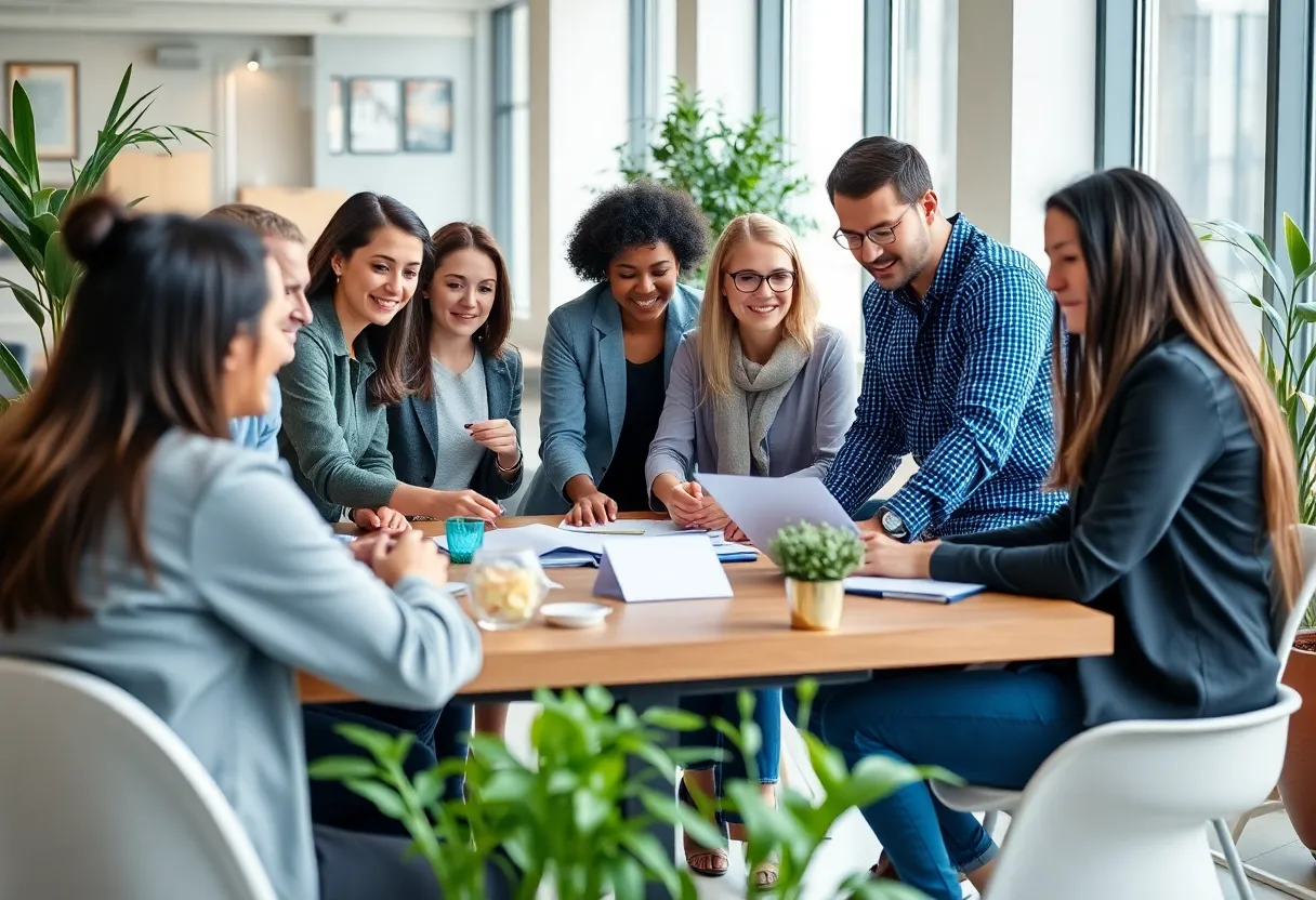 Individuals collaborating in a workplace promoting recovery.