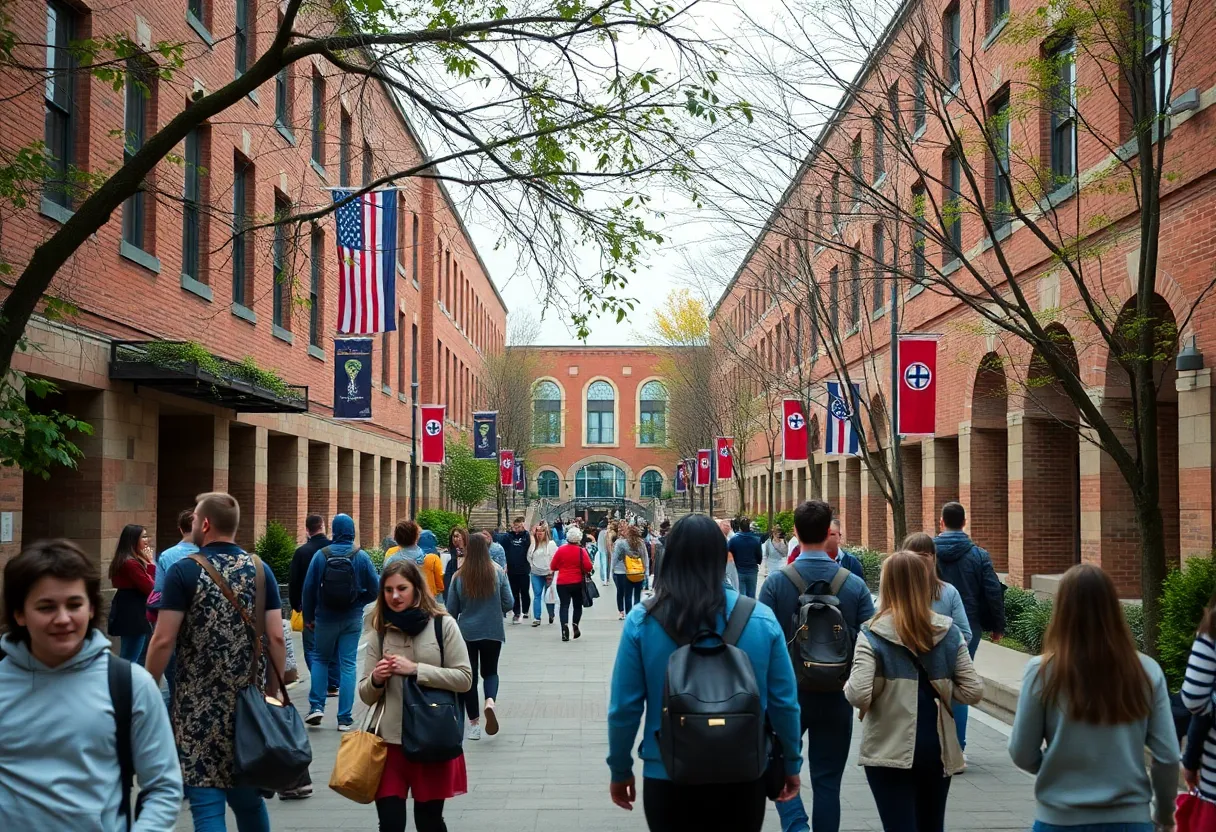 An active university campus with students