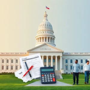Conceptual image of Georgia state Capitol with tax documents