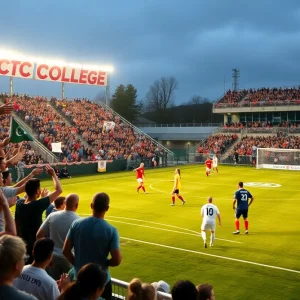 Action shot from a Georgia State women's soccer game with players and fans.