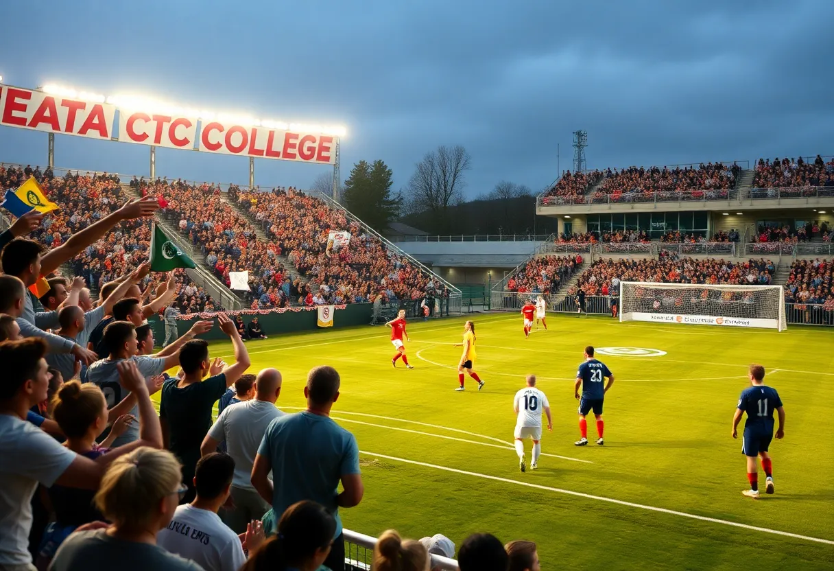 Action shot from a Georgia State women's soccer game with players and fans.