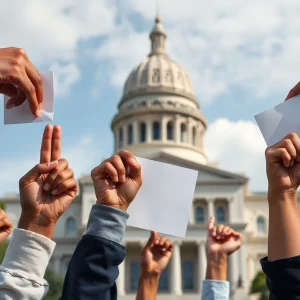 Diverse voters participating in elections in front of Georgia state capitol