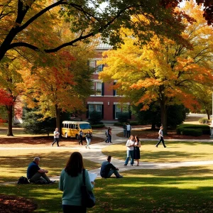 Beautiful campus of a Georgia college during fall with students studying outside.