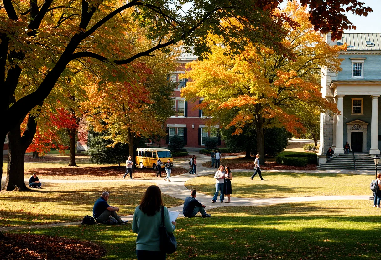 Beautiful campus of a Georgia college during fall with students studying outside.