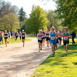 Athletes running in a cross country race at a park