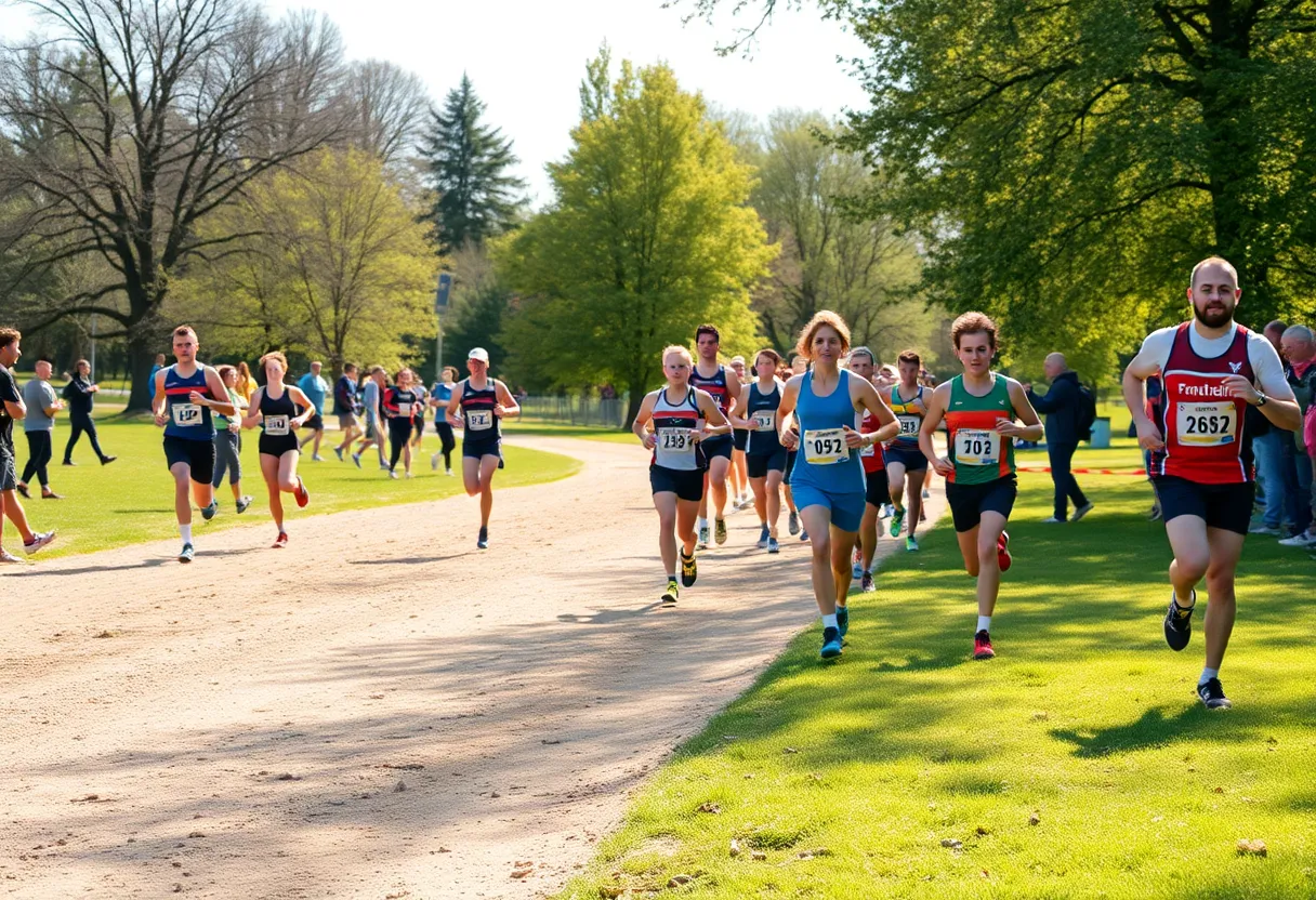 Athletes running in a cross country race at a park