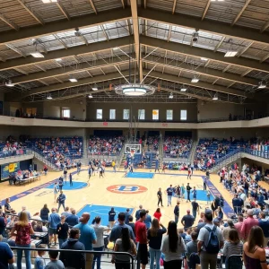 The interior of GSU Convocation Center showcasing basketball court and seating area.