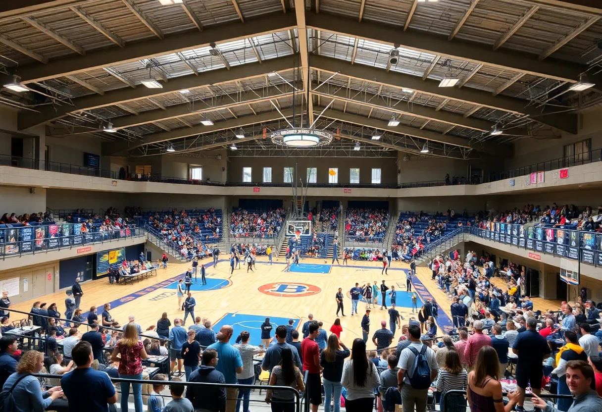 The interior of GSU Convocation Center showcasing basketball court and seating area.