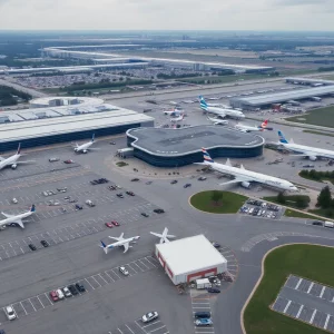 Aerial view of Hartsfield-Jackson Atlanta International Airport showing parking facilities.
