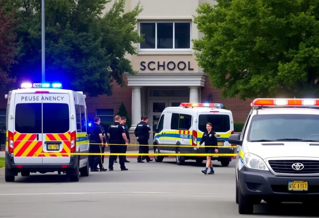 Emergency scene at High Point Elementary School during bomb threat evacuation.