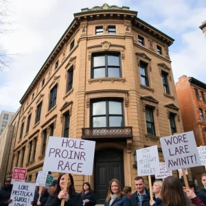 Community members gathered outside the historic building at 148 Edgewood Ave, protesting GSU's demolition plans.