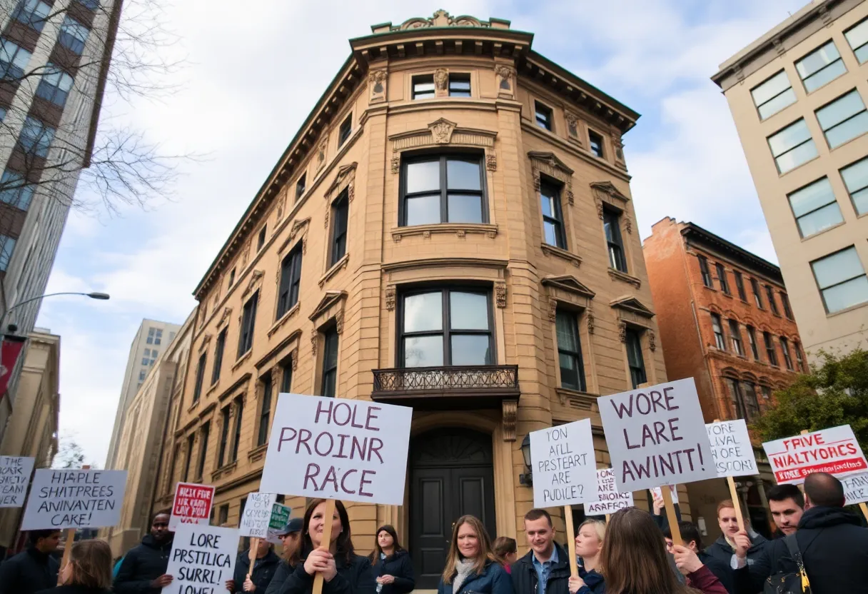 Community members gathered outside the historic building at 148 Edgewood Ave, protesting GSU's demolition plans.