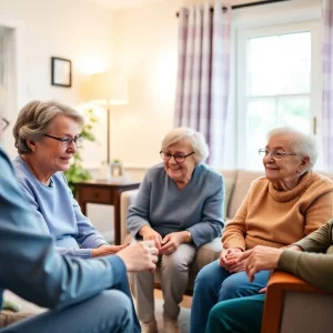 Seniors receiving in-home care with caregivers.