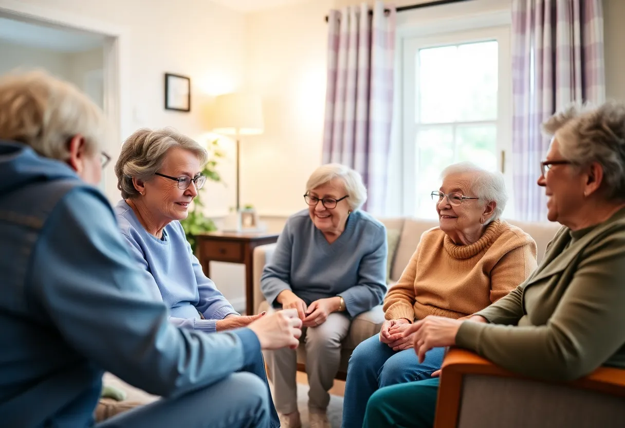 Seniors receiving in-home care with caregivers.