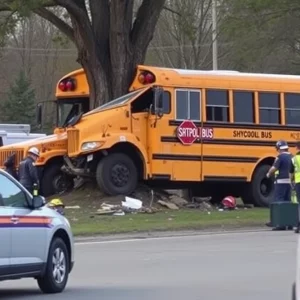 Damaged school bus at the scene of a crash
