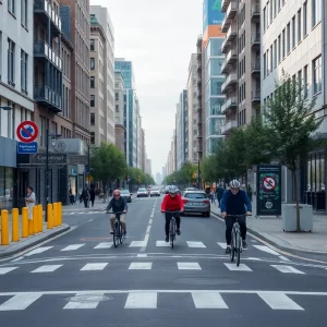 Urban street scene depicting safety measures from the Complete Streets Project