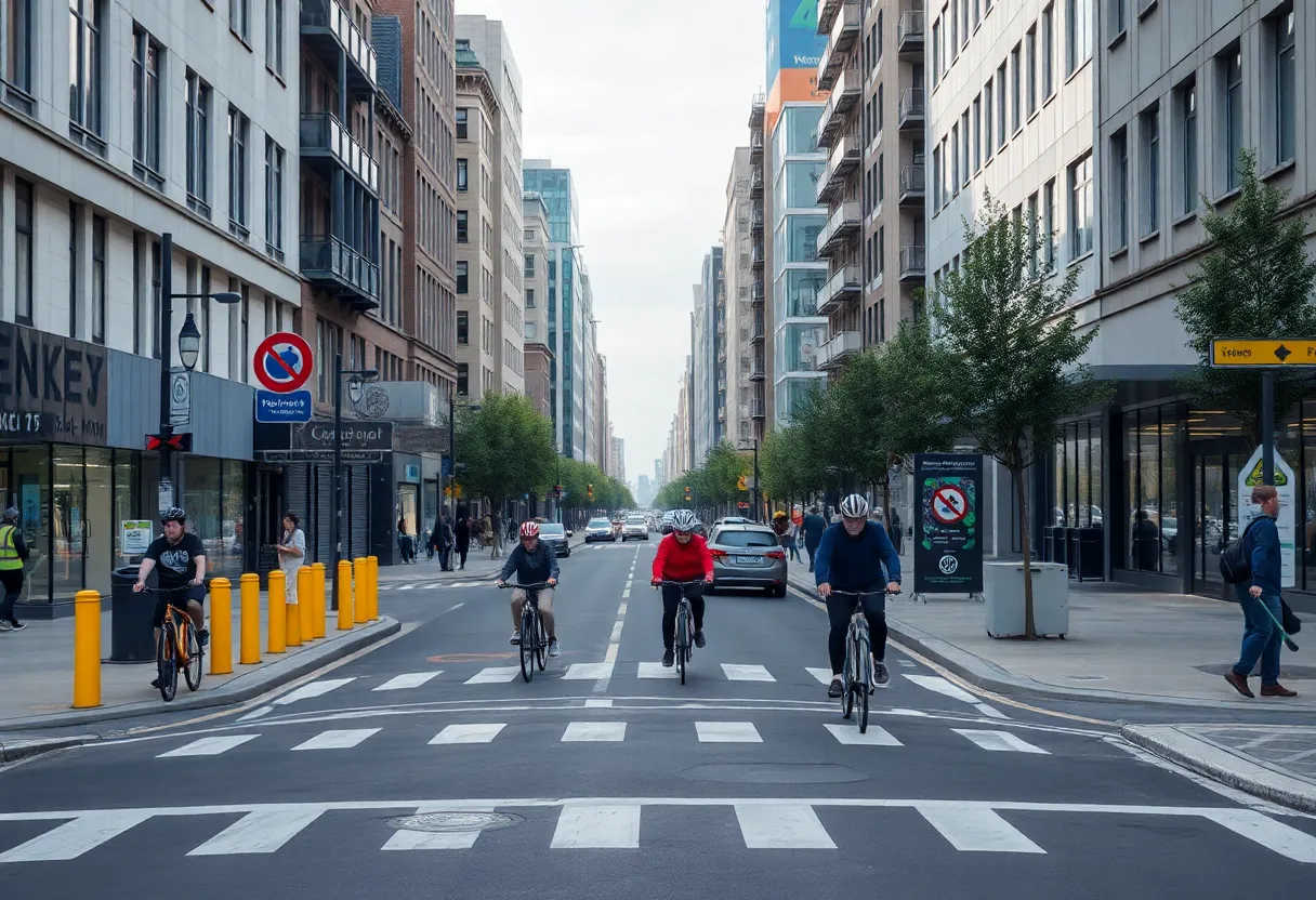 Urban street scene depicting safety measures from the Complete Streets Project