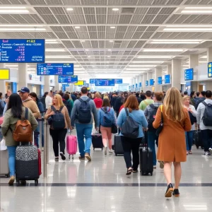 A crowded airport terminal filled with travelers during Labor Day weekend.