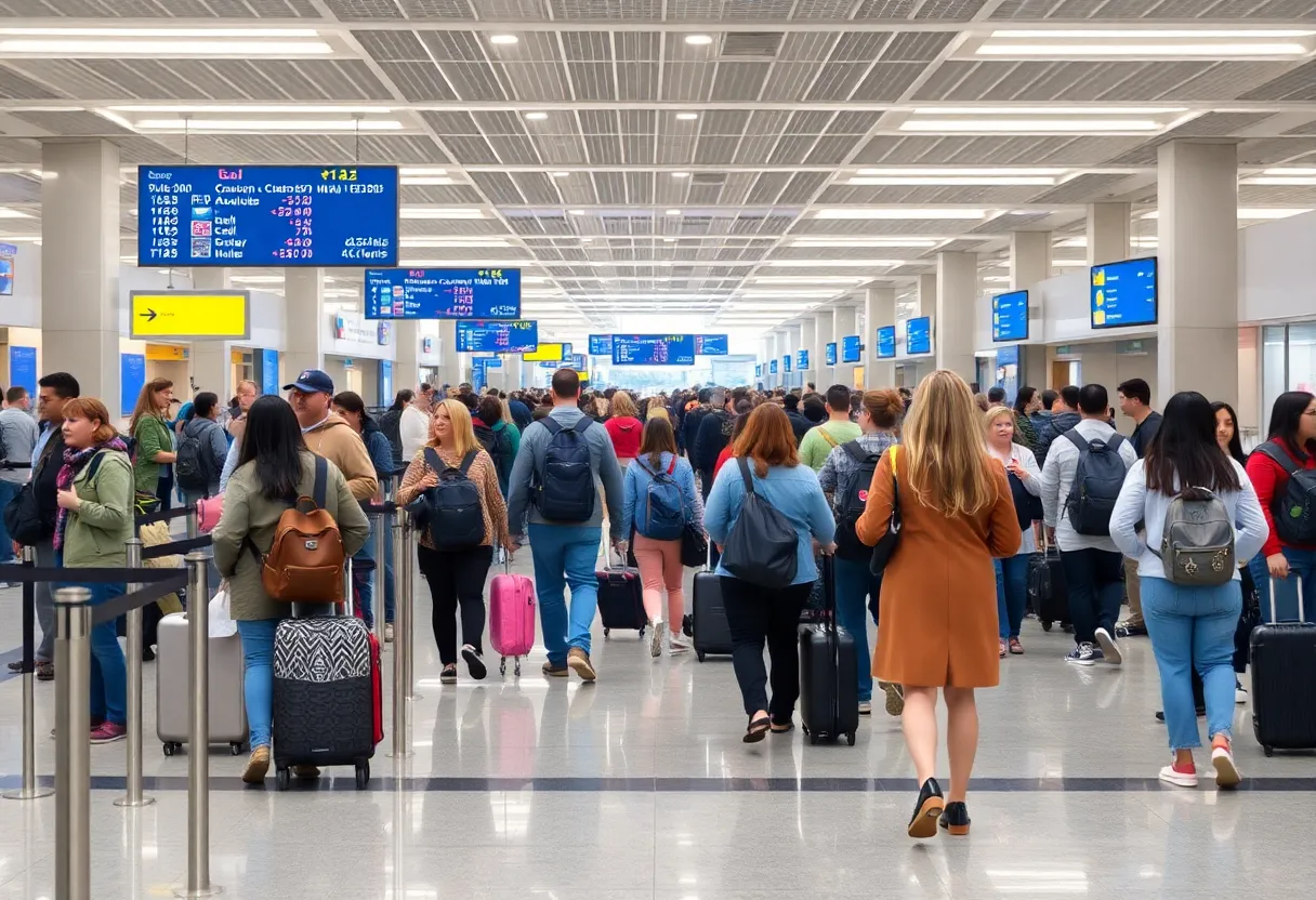 A crowded airport terminal filled with travelers during Labor Day weekend.