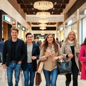 Shoppers enjoying their time at Lenox Mall with retail stores in background.