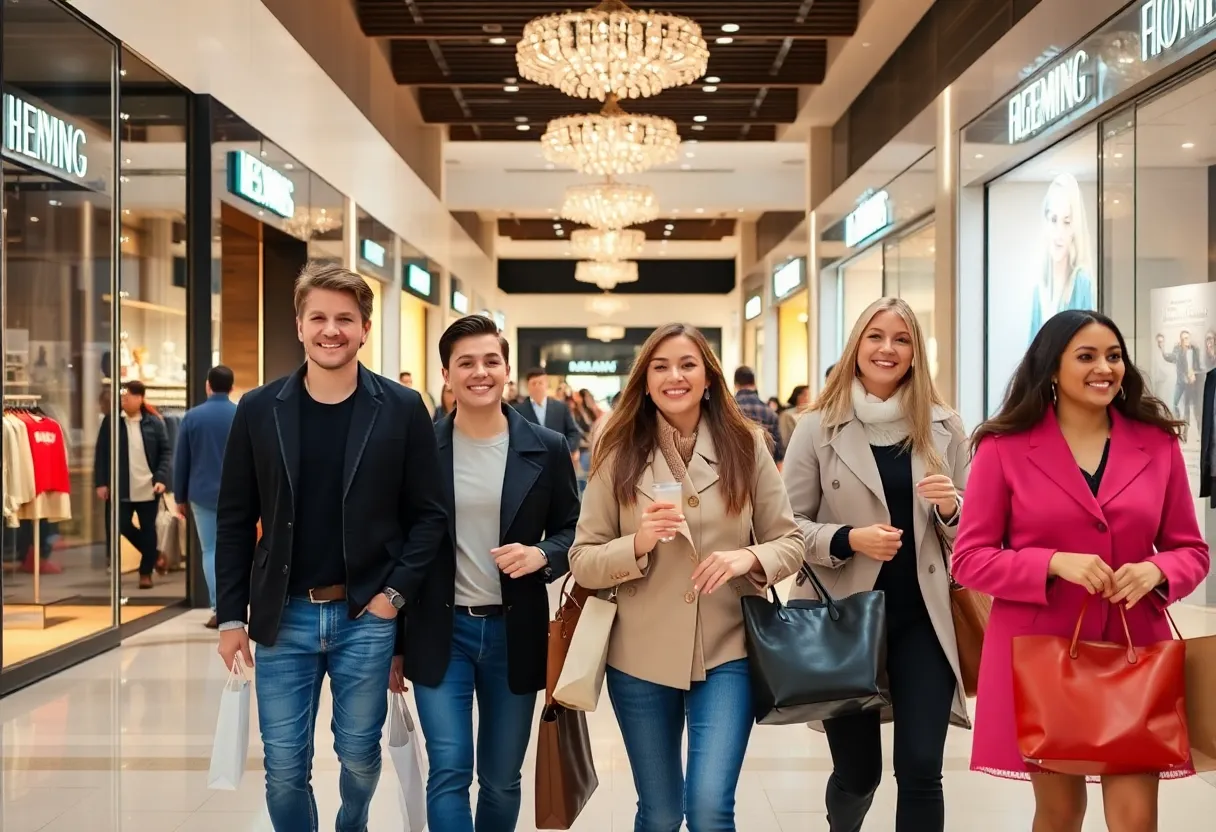 Shoppers enjoying their time at Lenox Mall with retail stores in background.