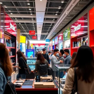 Shoppers exploring electronics stores at Lenox Square