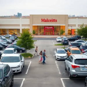 Parking lot at Lenox Square with cars and shoppers.