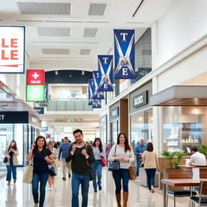 Interior view of Lenox Square shopping mall with shoppers