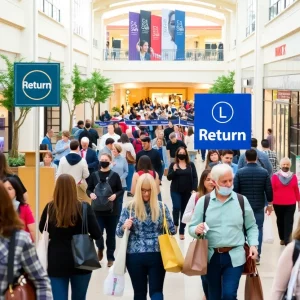 Busy shoppers at Lenox Square mall with return signage