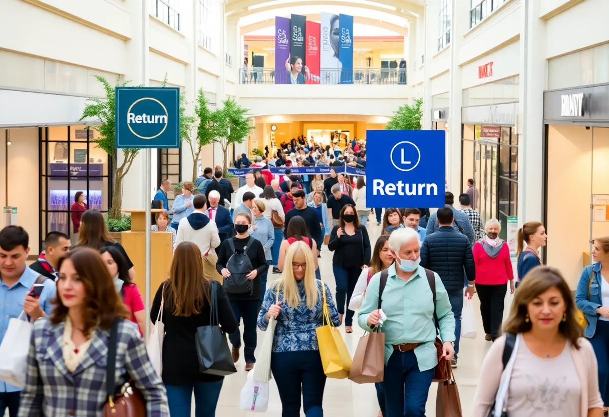 Busy shoppers at Lenox Square mall with return signage