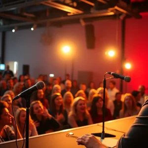 Audience enjoying a live podcast event with engaged listeners and a lively stage