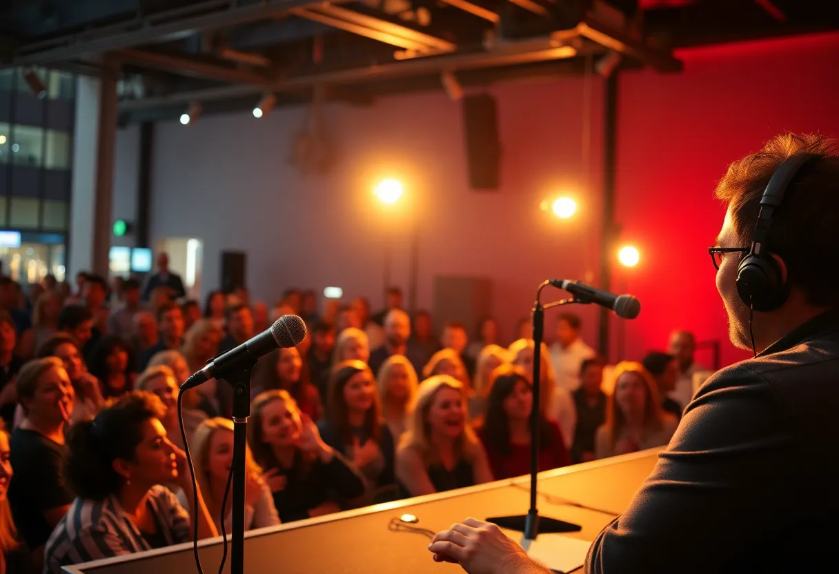 Audience enjoying a live podcast event with engaged listeners and a lively stage