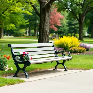 Memorial bench honoring Katie Janness and her dog in a tranquil park
