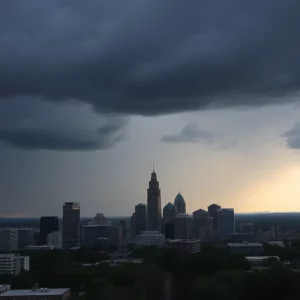 Storm clouds over Metro Atlanta skyline indicating rainy weather.