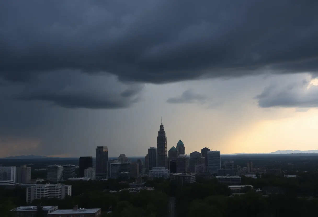 Storm clouds over Metro Atlanta skyline indicating rainy weather.