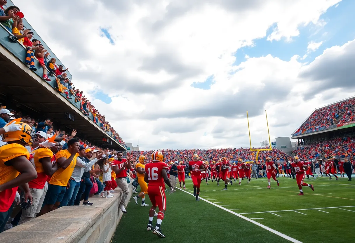 Football players in action during the MEAC/SWAC Challenge at Mercedes-Benz Stadium.