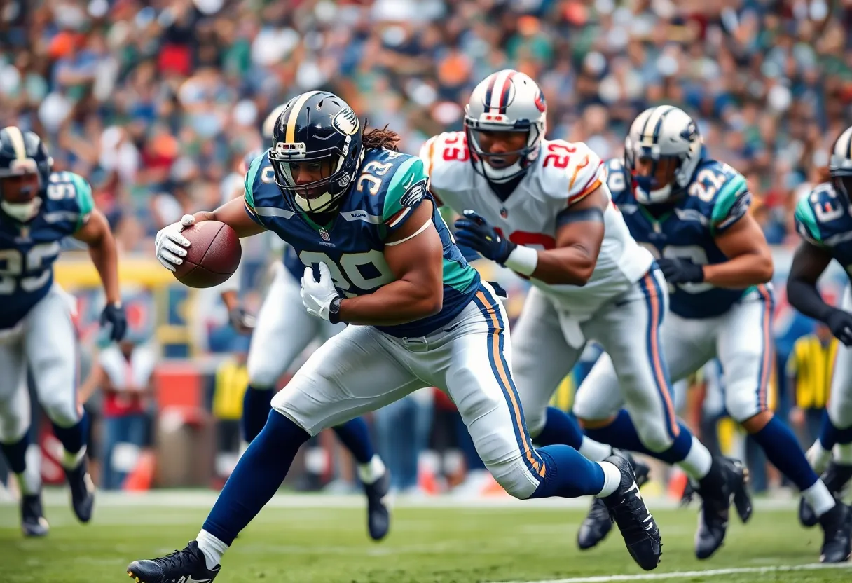 Dynamic scene of an NFL edge rusher during a game showing athleticism and defense.
