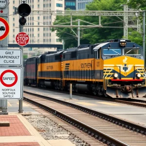 Train tracks in northeast Atlanta with a Norfolk Southern train