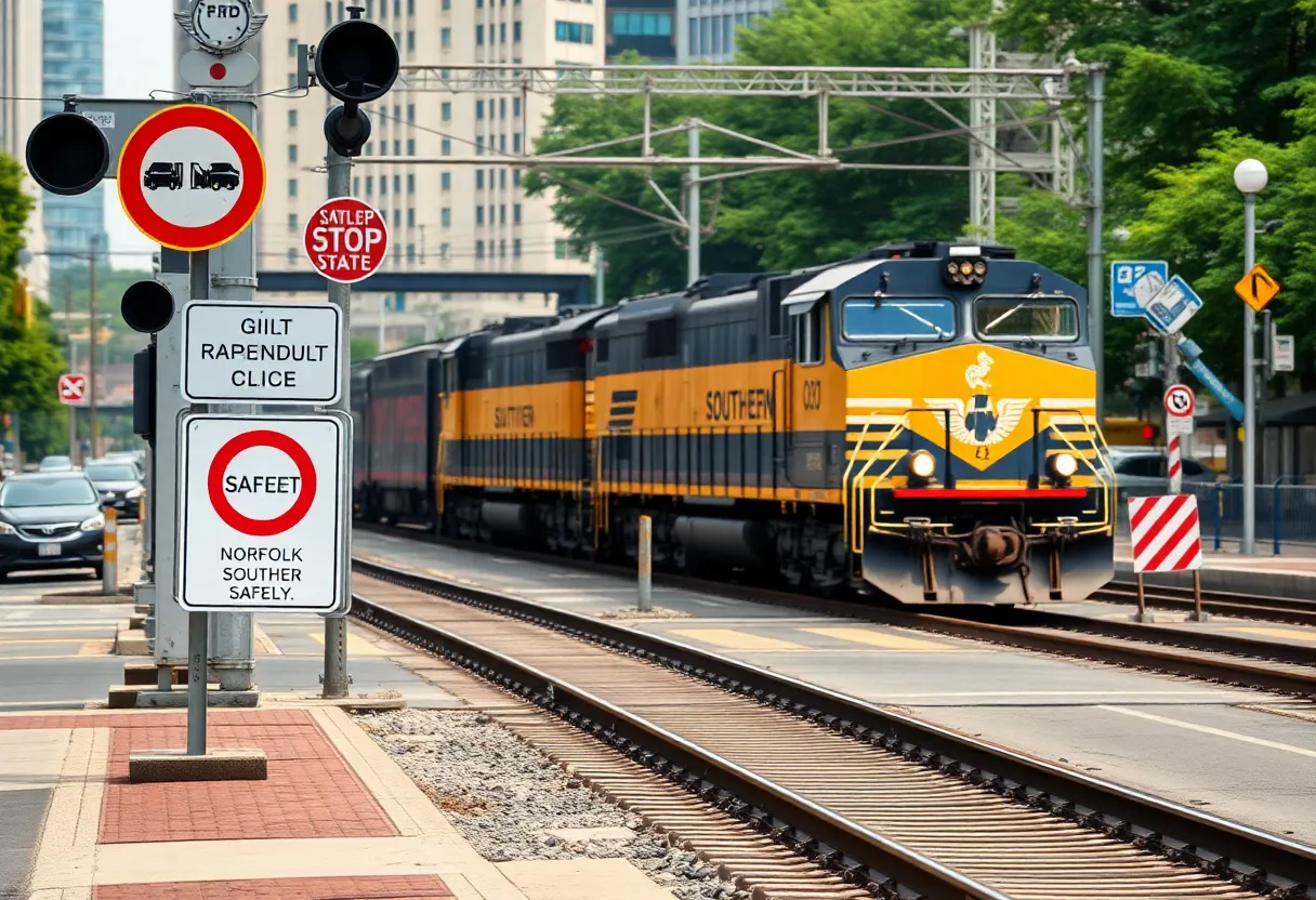 Train tracks in northeast Atlanta with a Norfolk Southern train