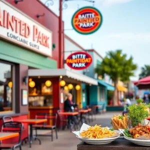 A selection of restaurants near Painted Park showcasing outdoor seating and diverse cuisines.