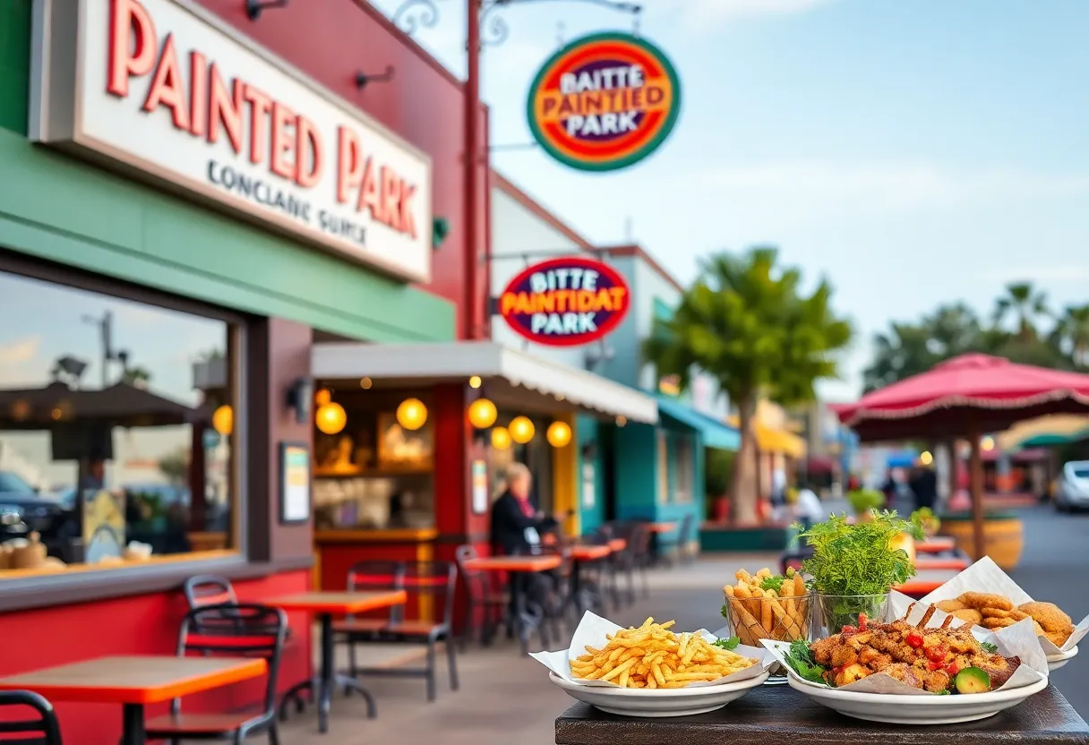 A selection of restaurants near Painted Park showcasing outdoor seating and diverse cuisines.